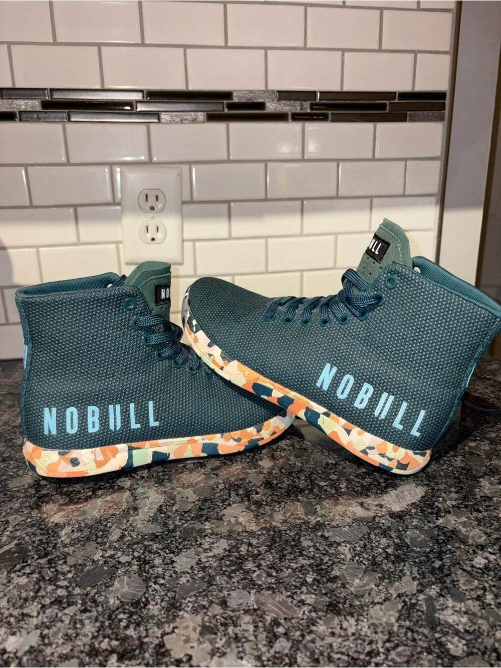 NOBULL Teal High-Top Training Shoes with Multicolor Patterned Soles
